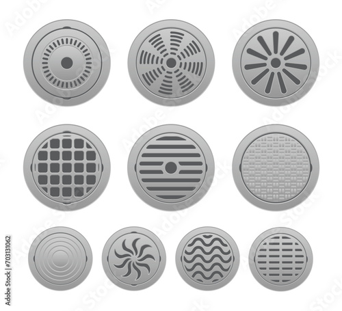 Set of Realistic manhole cover icon, Heavy steel sewer hatch drain hole, sewer pit, Well hatch street isolated on white background, vector illustration.