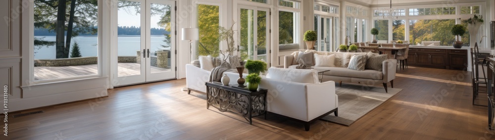 Beautiful room interior with hardwood floors and view of new luxury home. Beautiful room interior with hardwood floors and view of new luxury home.