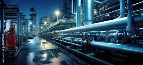 Industrial night landscape with illuminated piping. Energy and industry.