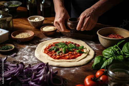 Hands garnishing pizza with tomato slices and basil leaves
