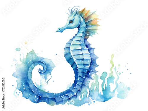 Seahorse. Watercolor in Blue Tone with Transparency background © kai