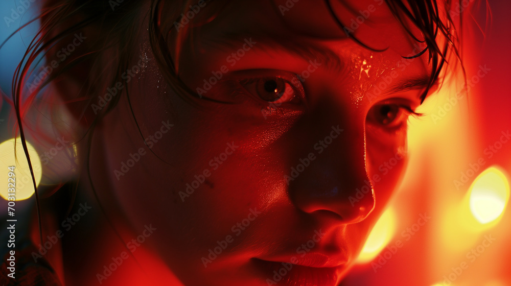An intense close-up captures a sweaty young woman with disheveled hair, bathed in red background light
