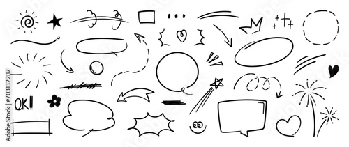 Set of cute pen line doodle element vector. Hand drawn doodle style collection of heart, arrows, scribble, speech bubble, chat, firework, flower. Design for print, cartoon, card, decoration, sticker.