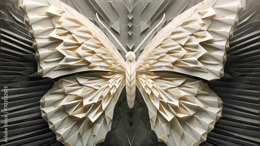 A magnified view of an origami erfly, revealing the geometrical patterns and symmetrical folds that create its symmetrical and delicate wings. A magnified view of an origami erfly, revealing the geometrical patterns and symmetrical folds that create its symmetrical and delicate wings.