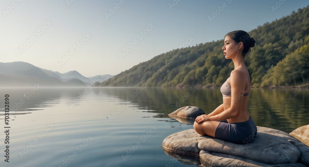 Woman sitting and doing yoga at the lake, health and sanity  AI generative
