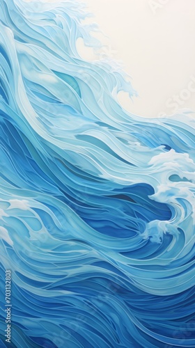 A painting of a wave in blue and white