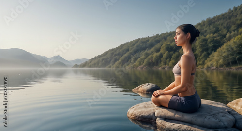 Woman sitting and doing yoga at the lake, health and sanity  AI generative photo