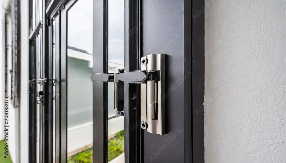 Close-up door hinges on the black aluminum folding doors with glass on white building background, style. Close-up door hinges on the black aluminum folding doors with glass on white building background, style.