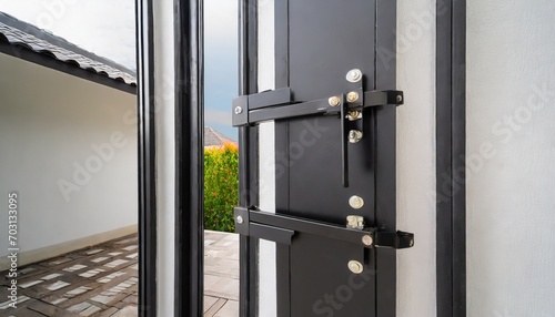 Close-up door hinges on the black aluminum folding doors with glass on white building background, vertical style. photo