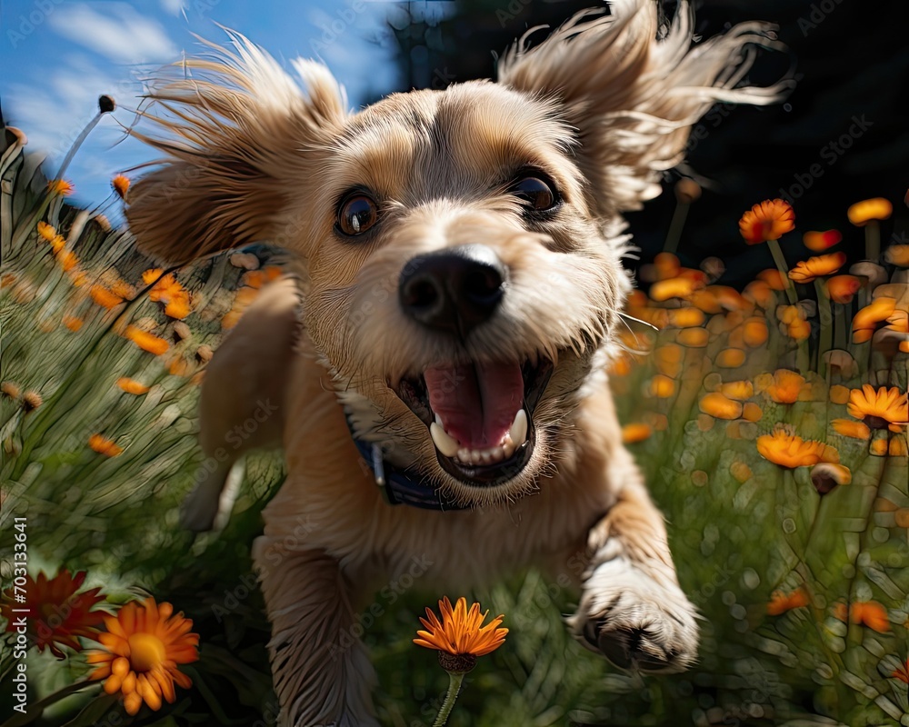 Ecstatic Puppy Leaping Among Orange Flowers Under Blue Sky