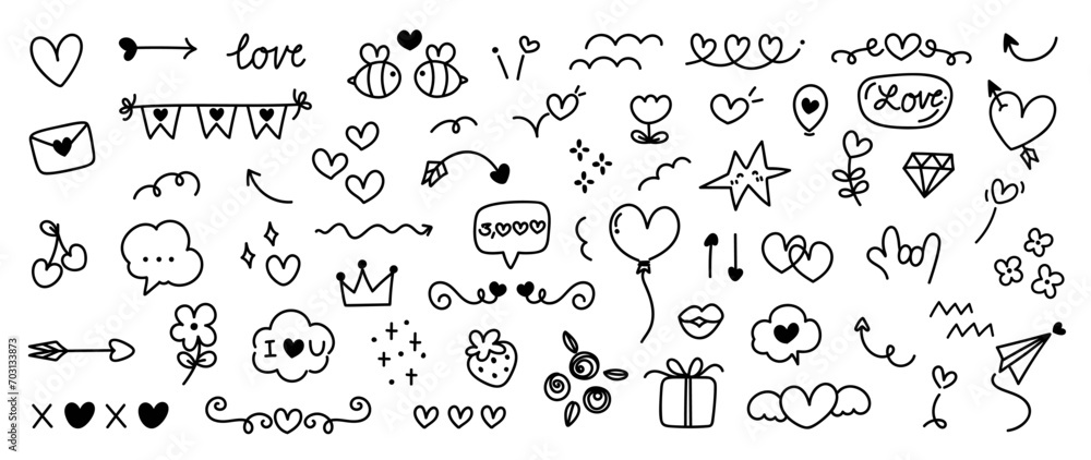 Set of valentine doodle element vector. Hand drawn doodle style collection of heart shaped, lips, arrows, flower, gift, cherry, rose, love letter. Design for print, cartoon, card, decoration, sticker. Set of valentine doodle element vector. Hand drawn doodle style collection of heart shaped, lips, arrows, flower, gift, cherry, rose, love letter. Design for print, cartoon, card, decoration, sticker.