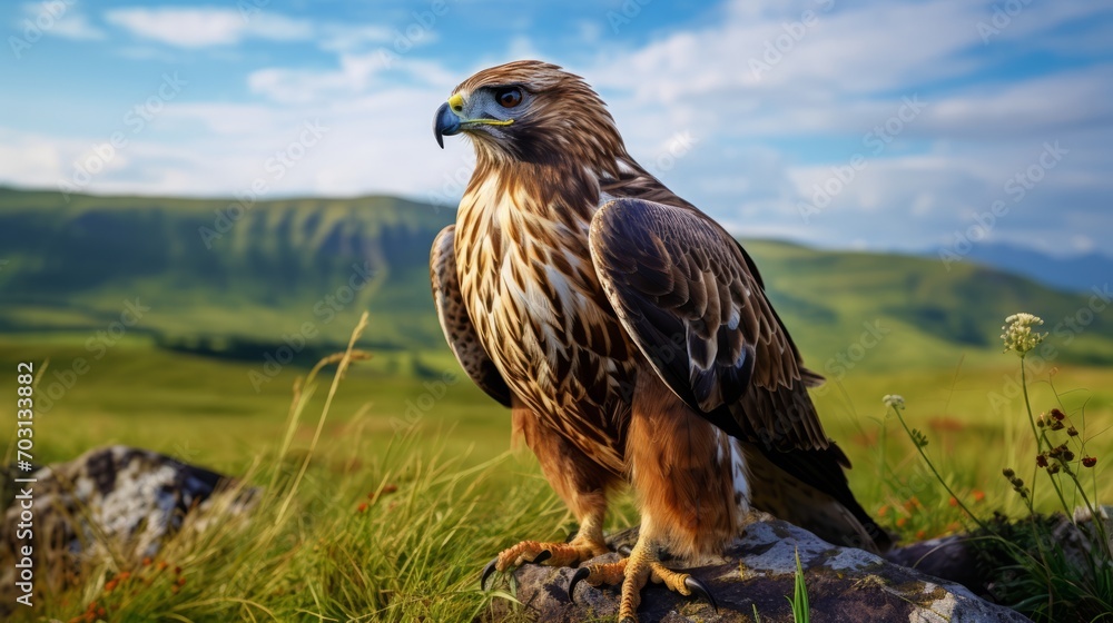Fototapeta premium Bird of Prey Sitting on Rock in Field