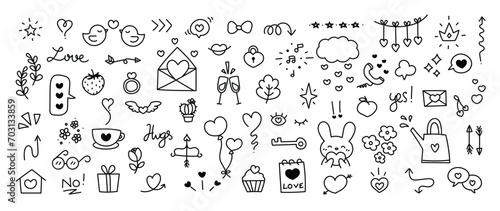 Set of valentine doodle element vector. Hand drawn doodle style collection of heart shaped, speech bubble, arrows, flower, balloon, crown, bow. Design for print, cartoon, card, decoration, sticker.