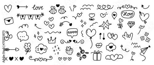 Set of valentine doodle element vector. Hand drawn doodle style collection of heart shaped, lips, arrows, flower, gift, cherry, rose, love letter. Design for print, cartoon, card, decoration, sticker.
