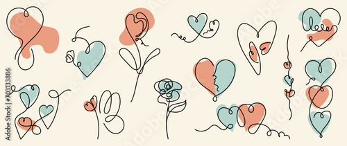 Set of valentine line art element vector. Hand drawn line art style collection of heart shaped, love message, flowers, roses, butterfly. Design for print, wedding card, cover, wall art, valentine day.