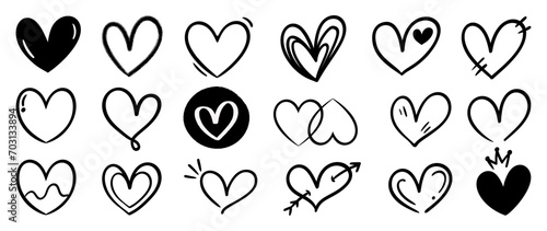Set of heart doodle element vector. Hand drawn doodle style collection of different heart, love symbol. Illustration design for print, cartoon, card, decoration, sticker, icon, valentine day.