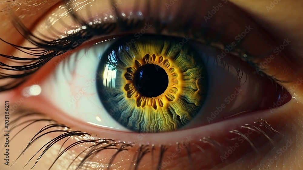 A close up of a person's eye with a yellow iris
