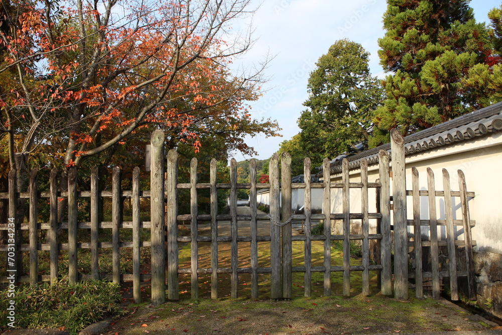 White walls, wooden fence and autumn leaves at Koko-en Garden in the early morning, Himeji, Japan