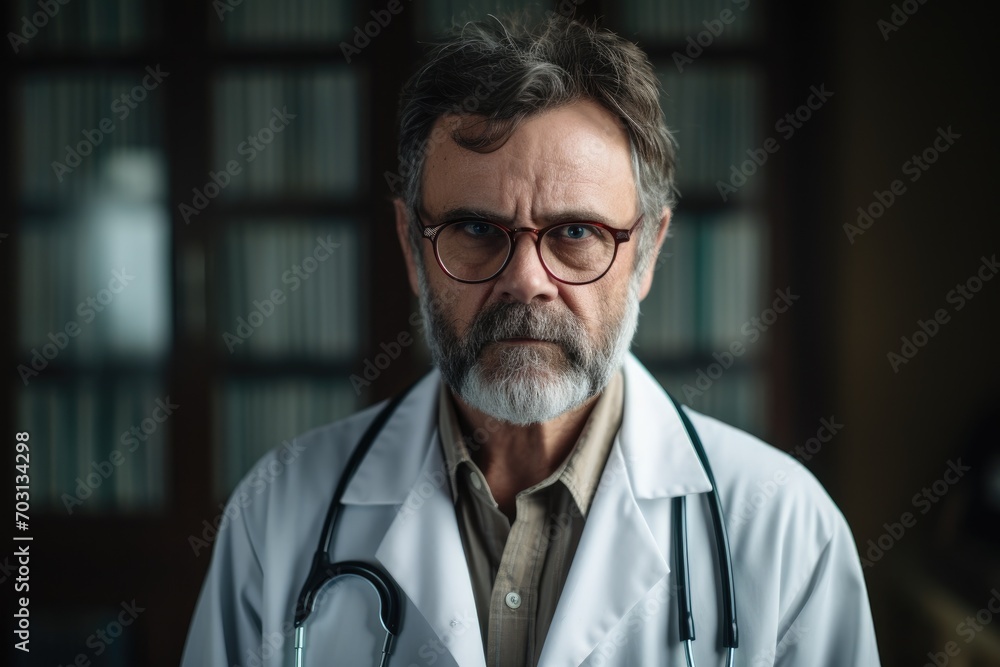 Portrait of senior doctor with stethoscope in his office, Portrait of a mature doctor with eyeglasses, AI Generated Portrait of senior doctor with stethoscope in his office, Portrait of a mature doctor with eyeglasses, AI Generated