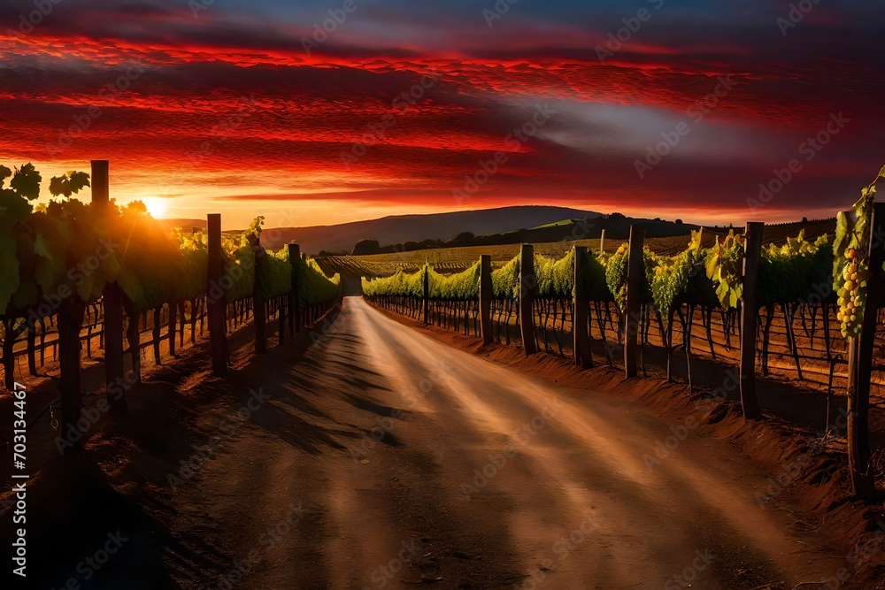 Witness the supernatural allure of a red heart-shaped sky at sunset, casting its warm glow over a road through a vineyard. Perfectly align the lighting to highlight the grapevines
