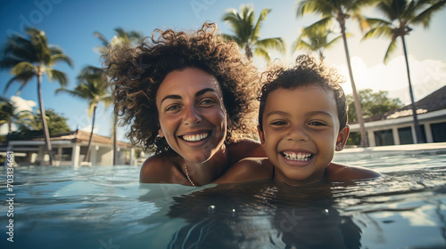 Happy family having fun on summer vacation. African American, Hispanic single mother and child playing in swimming pool. Traveling to tropical beach. Active healthy lifestyle concept photo