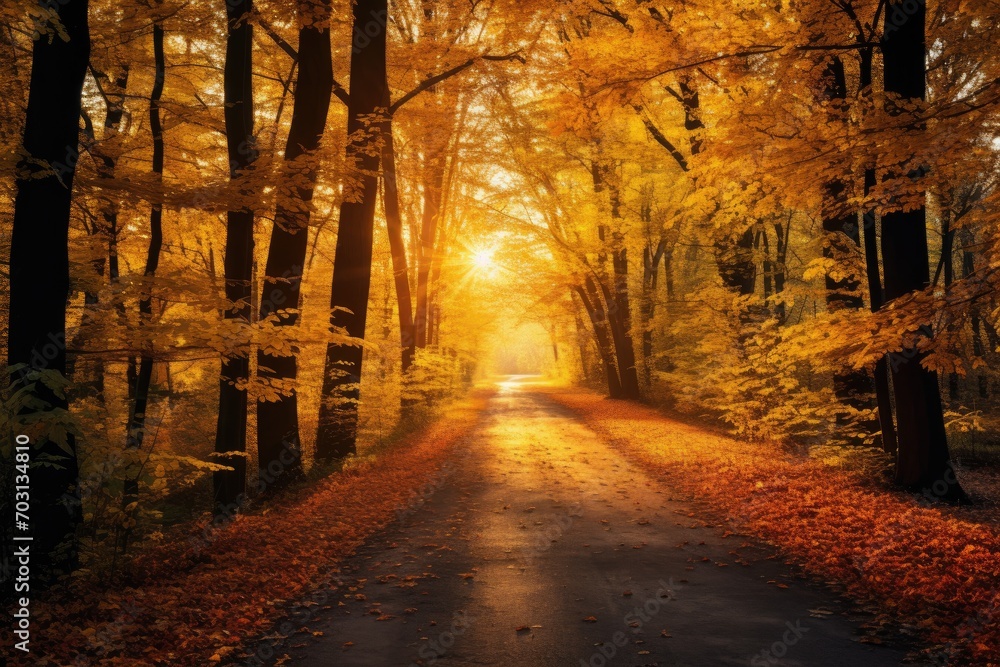 Autumn road in the forest at sunset. Beautiful autumn landscape, Present an autumn forest scenery with a road covered in fall leaves and warm light illuminating the gold foliage, AI Generated