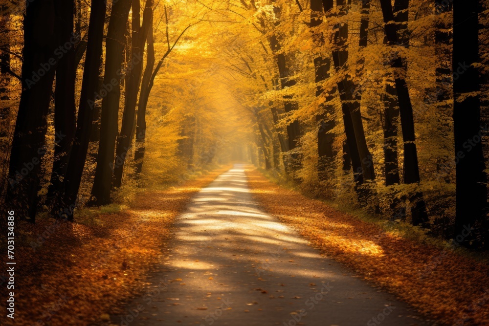 Autumnal road in the forest with sun rays passing through it, Present an autumn forest scenery with a road covered in fall leaves and warm light illuminating the gold foliage, AI Generated