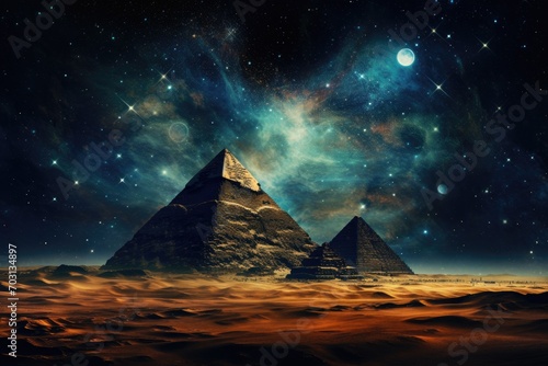 Egyptian pyramids in the desert at night. 3d rendering, Pyramids in the desert at night time with a starry sky and milky way, portrayed in an abstract picture style reminiscent, AI Generated photo