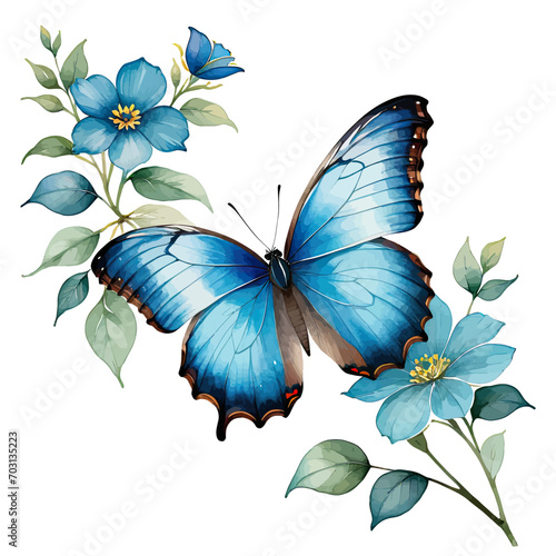 Watercolor Blue Morpho Butterfly on Blue Flower Clipart