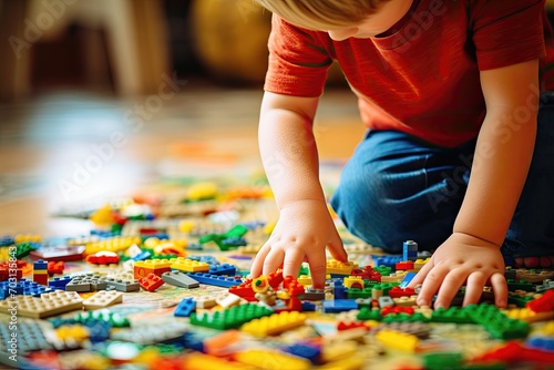 Child engaged with colorful interlocking plastic bricks on the floor.