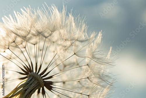 Dandelion seed head texture against a soft sky