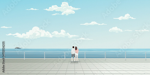 Couple of lover at view point of tropical blue sea vector illustration. Journey of sweetheart concept flat design. photo