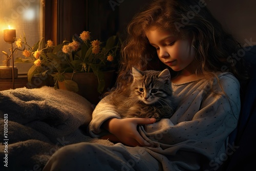 Girl holding a kitten in a cozy room lit by candlelight.