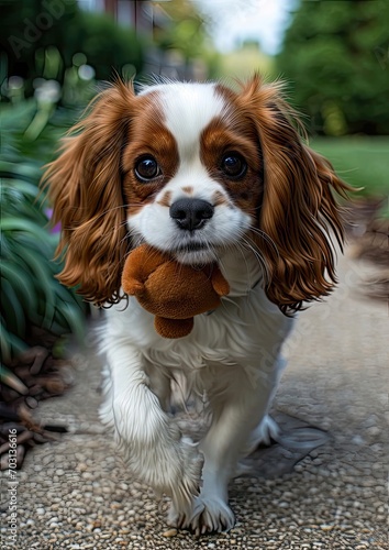 Cute Spaniel Dog Carrying a Stuffed Toy in its Mouth on a Sidewalk