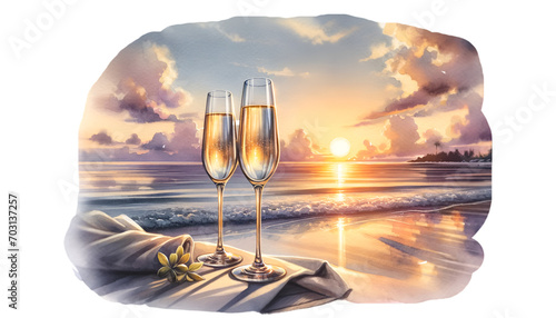 Watercolor champagne glasses by the beach with a sunset, ideal for creative clipart use.