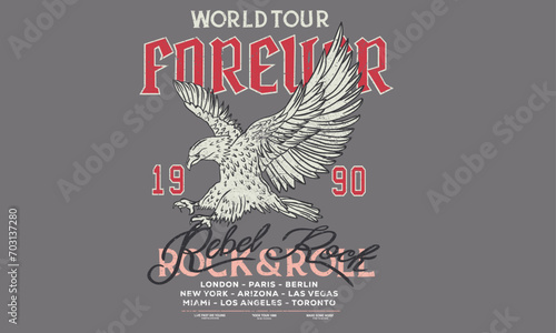 Music forever artwork. Eagle vintage design. World music music poster design. Rock and roll vintage print design. Guitar vector artwork for apparel, stickers, posters, background and others.