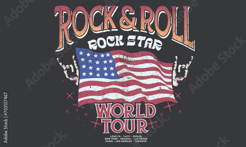 Rock world tour artwork. America flag music poster design. Rock and roll vintage print design. Music vector artwork for apparel, stickers, posters, background and others. make some noise. Rock hand.