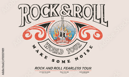 Rock and roll vintage print design. Guitar and rose vector artwork for apparel, stickers, posters, background and others. Rock world tour artwork. Music poster design. 