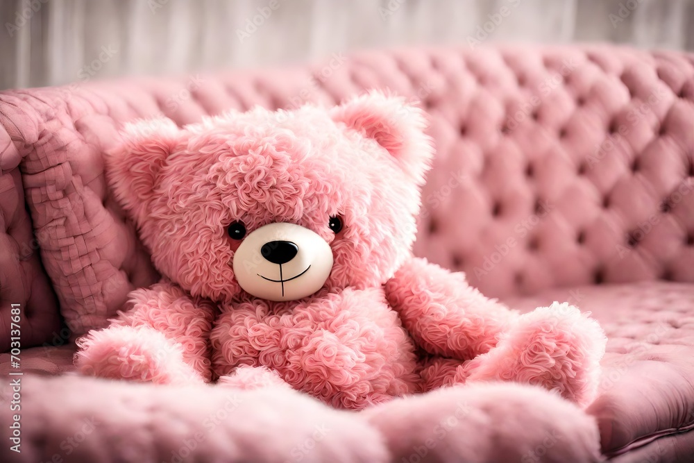 pink bear background with pink sofa 
