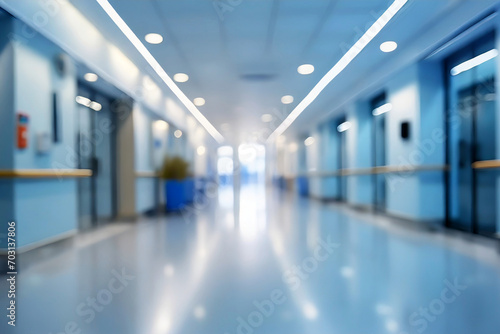 blurred of background. interior of a modern hospital with an empty long corridor, there are treatment rooms and waiting room for patients and families between the corridor with bright white lights. photo