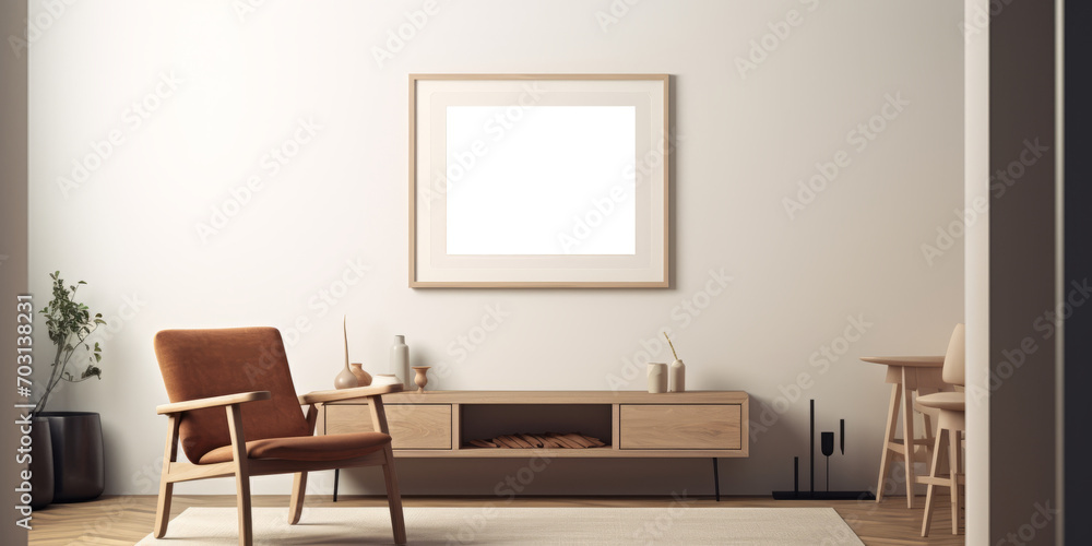 A PNG mockup frame, featuring a clear background, is elegantly displayed on the wall of a living room, providing a customizable element for showcasing artwork. Photorealistic illustration A PNG mockup frame, featuring a clear background, is elegantly displayed on the wall of a living room, providing a customizable element for showcasing artwork. Photorealistic illustration