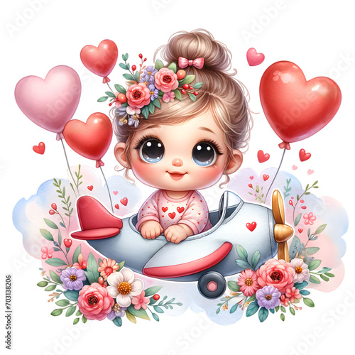  Girl Heart Flowers Valentine's Day Illustration. Baby  Clipart