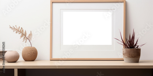 A transparent mockup frame is positioned on a shelf, accompanied by a small potted plant, creating a customizable setting for showcasing images or artwork. Photorealistic illustration