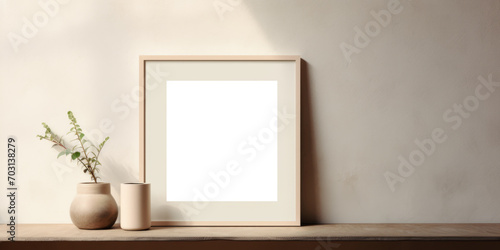 On a rustic wooden table, a small square transparent mockup frame is delicately placed, creating a charming and natural setting for showcasing images or artwork. Photorealistic illustration