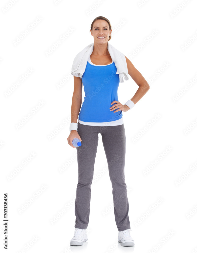Water bottle, fitness and portrait of woman in studio on break for exercise, training or workout. Smile, sports and happy young female person with hydration drink for weight loss by white background. Water bottle, fitness and portrait of woman in studio on break for exercise, training or workout. Smile, sports and happy young female person with hydration drink for weight loss by white background.