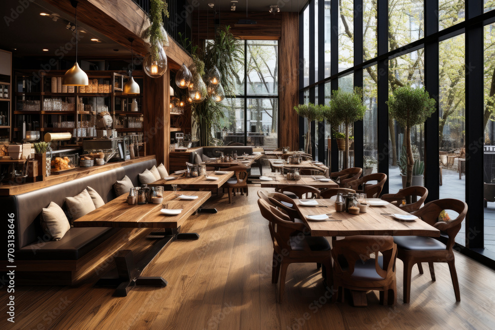 coffee shop with wooden details, modern atmosphere, wooden floor. Tables and chairs prepared in a cafe for guests in bright sunlight. coffee shop with wooden details, modern atmosphere, wooden floor. Tables and chairs prepared in a cafe for guests in bright sunlight.
