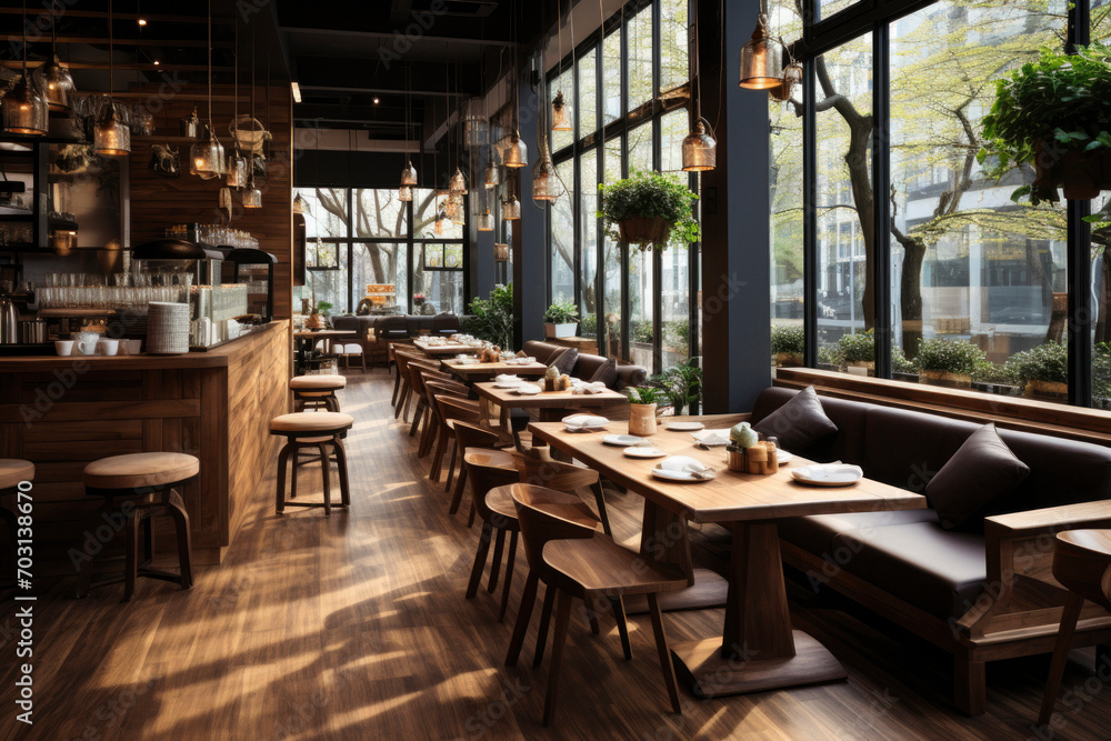 coffee shop with wooden details, modern atmosphere, wooden floor. Tables and chairs prepared in a cafe for guests in bright sunlight.