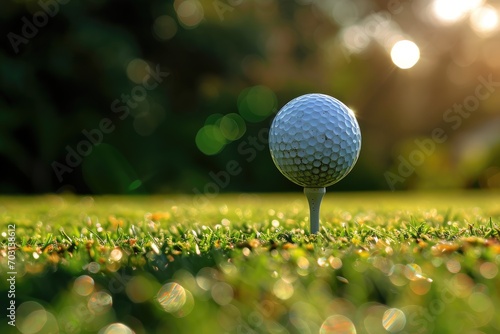 Golf ball close-up on a tee with a blurred green background