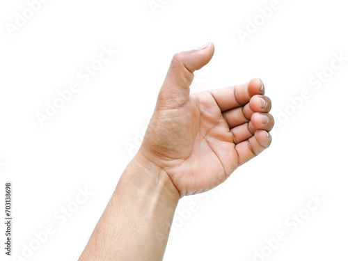 Men's hands making gestures like is holding something such as a phone or a water bottle Isolated on white background.