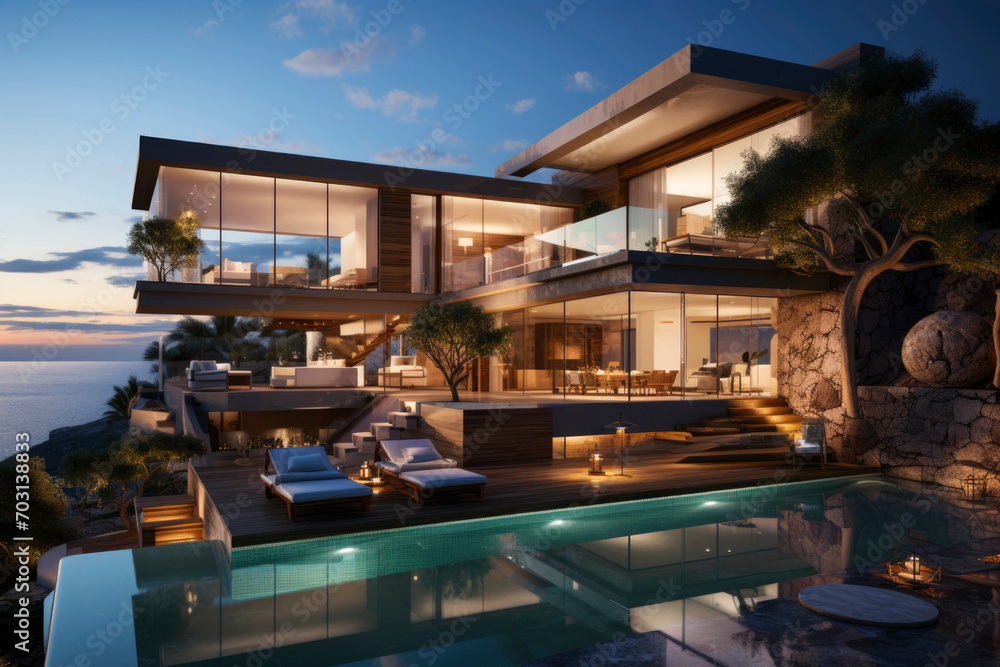 Fototapeta premium Modern villa with a private rooftop infinity pool overlooking the sea